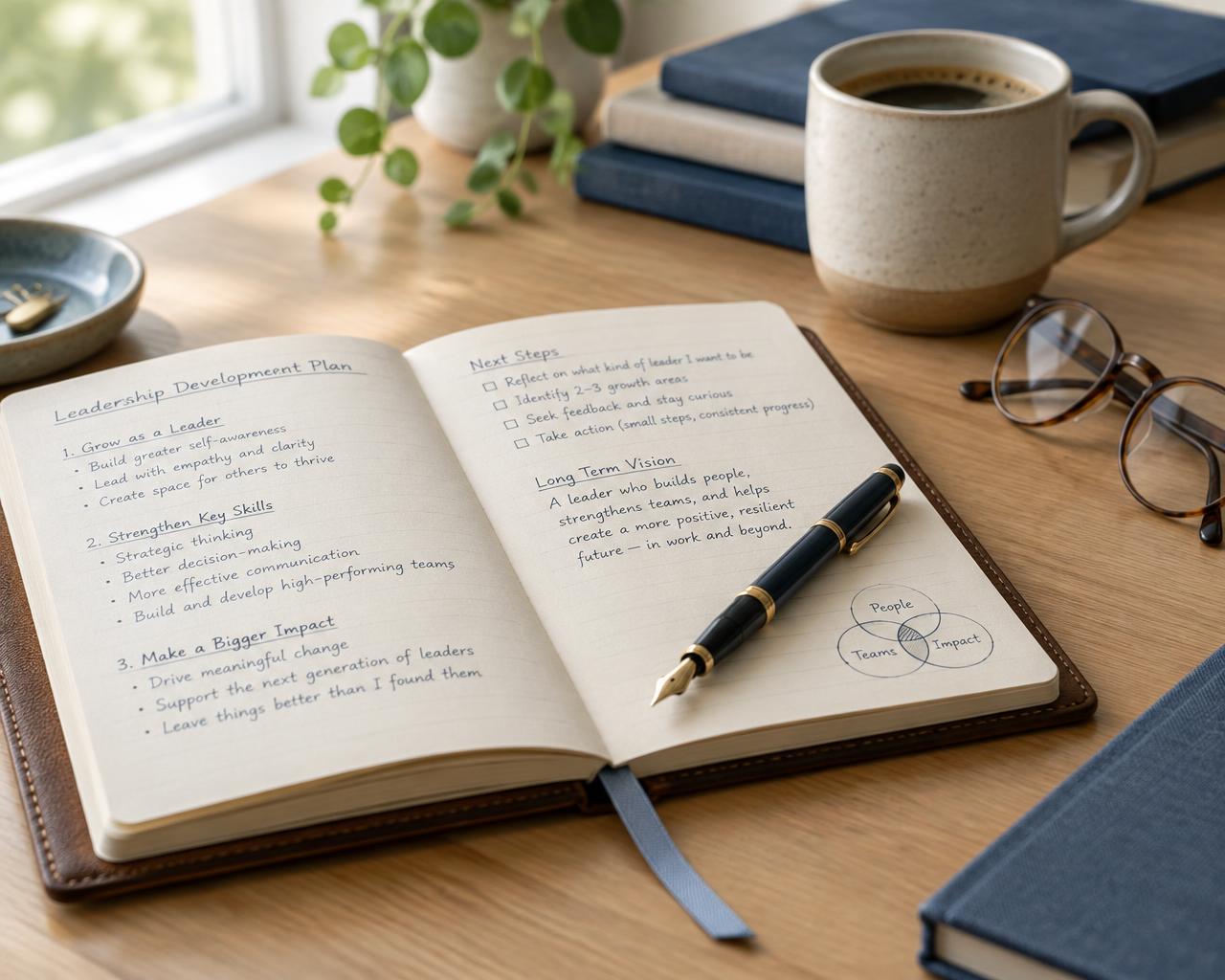 A leadership development plan written in an open notebook on a desk